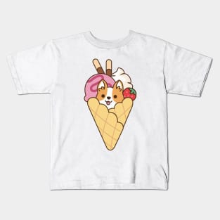 Cute Corgi in the Waffle with Strawberry Ice Cream & Chocolate Stick Kids T-Shirt